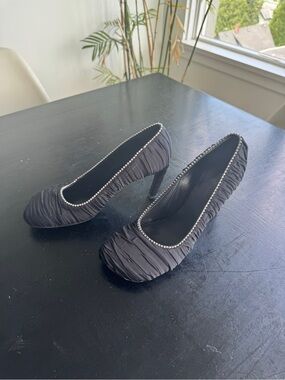 Dries Van Noten Black Ruched Satin Heels with Crystal Trim